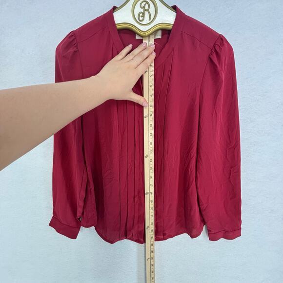 LOFT Blouse Women Medium Petite Red Tie Front Pleated Business Work School - Picture 5 of 8